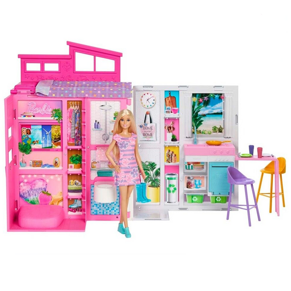 Barbie zusammenklappbares Puppenhaus, Barbie und Spielset