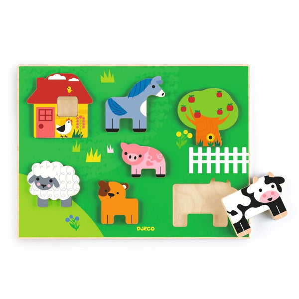 Relief-Holzpuzzle mit Bauernhof-Geschichte