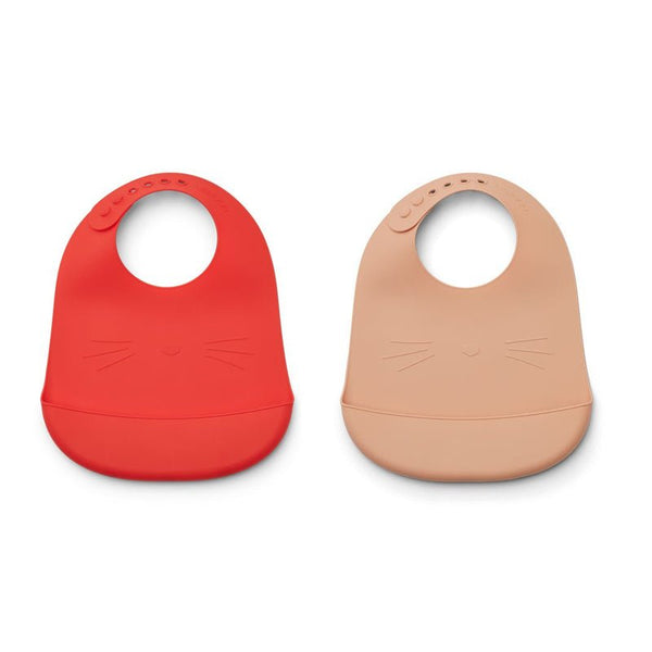 Liewood 2-er Pack Silikon-Lätzchen, cat - apple red/tuscany rose