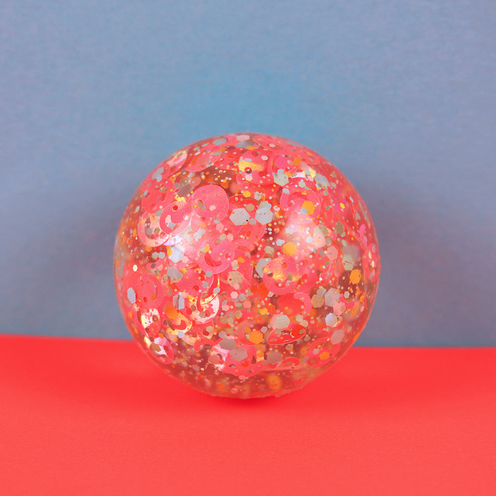 Flummiball Mit Smileys und Konfetti, Neonpink/Hellblau