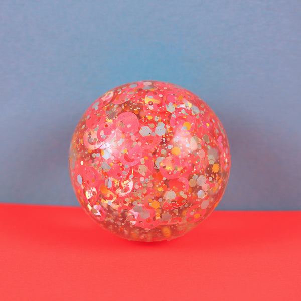 Flummiball Mit Smileys und Konfetti, Neonpink/Hellblau