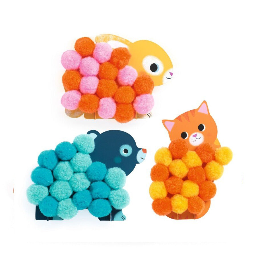 Pompons Collage mit Tieren und Kreisen