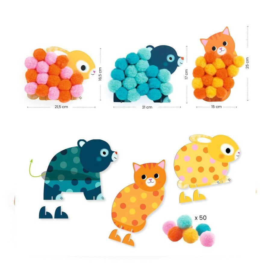 Pompons Collage mit Tieren und Kreisen