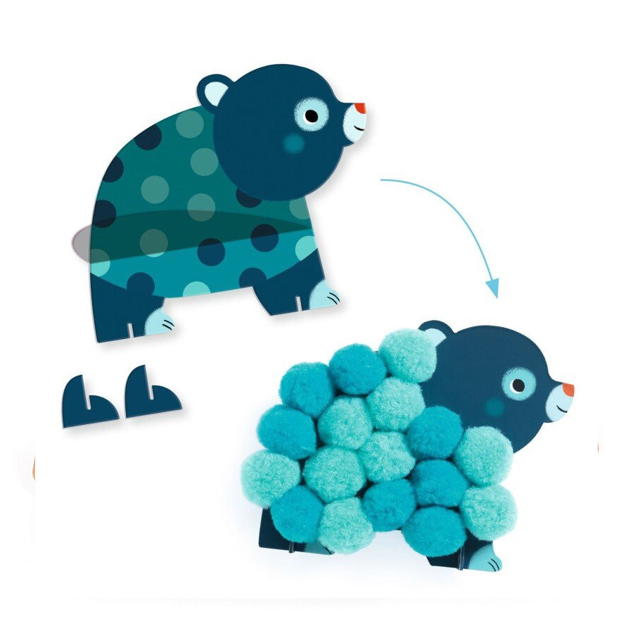 Pompons Collage mit Tieren und Kreisen