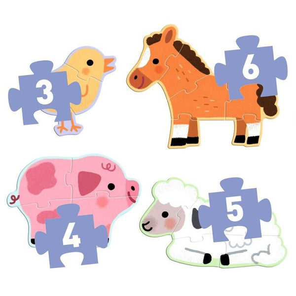Primo Puzzle mit Bauernhoftieren (3+4+5+6 Teile)