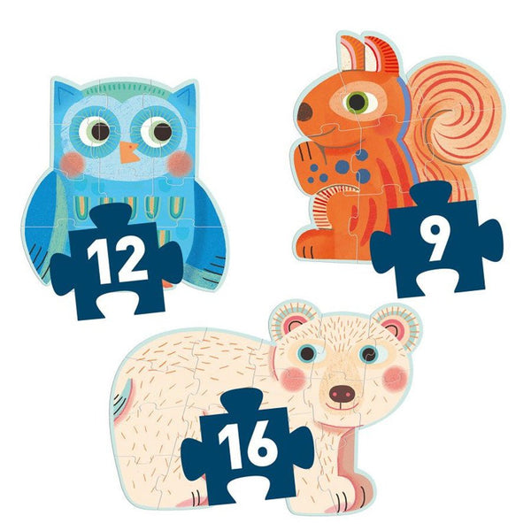 Primo Puzzle mit Waldtieren (9+12+16 Teile)