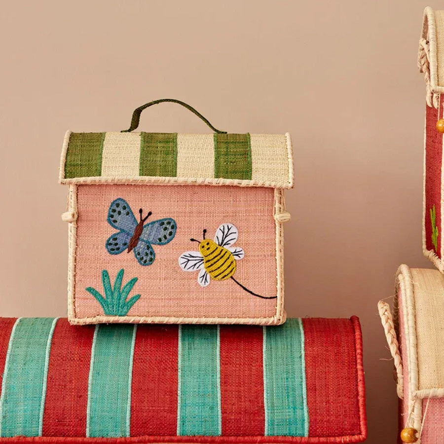Raffia Aufbewahrungshaus mit Schmetterling in Rosa in Extra Klein