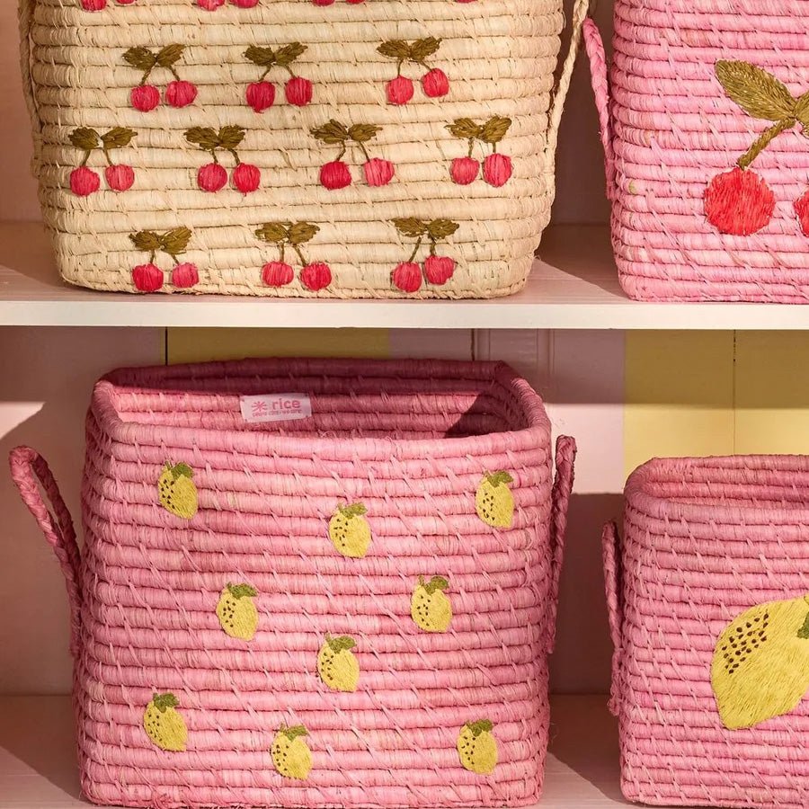 Rice Opbevaringskurv Med Lemons All Over Broderi Og Håndtag - Small